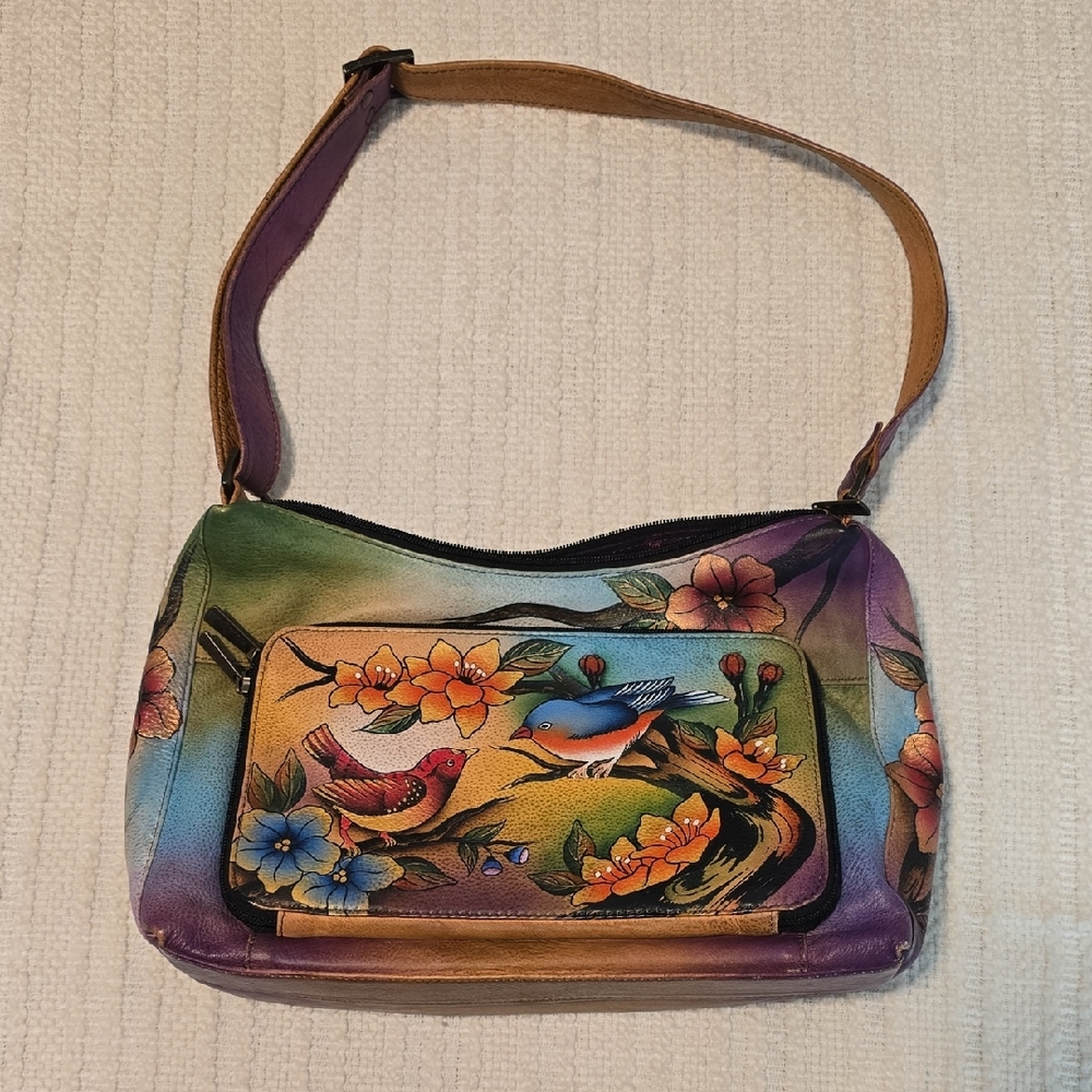 Anuschka Colorful Bird and Floral Leather Shoulder Bag